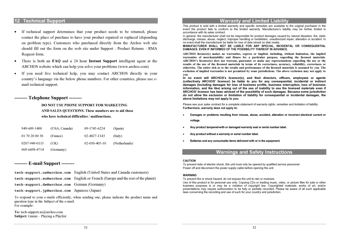 Archos 100 series user manual Technical Support, Warranty and Limited Liability 