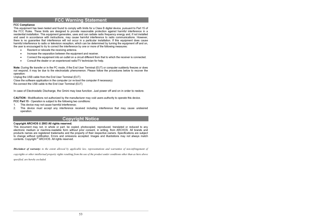 Archos 100 series user manual FCC Warning Statement, Copyright Notice 