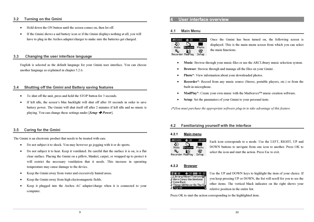 Archos 100 series user manual User interface overview 