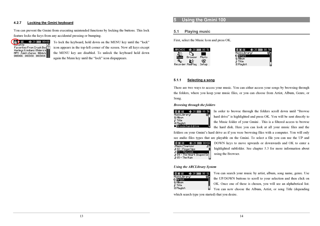 Archos 100 series user manual Using the Gmini, Playing music, Locking the Gmini keyboard, Selecting a song 