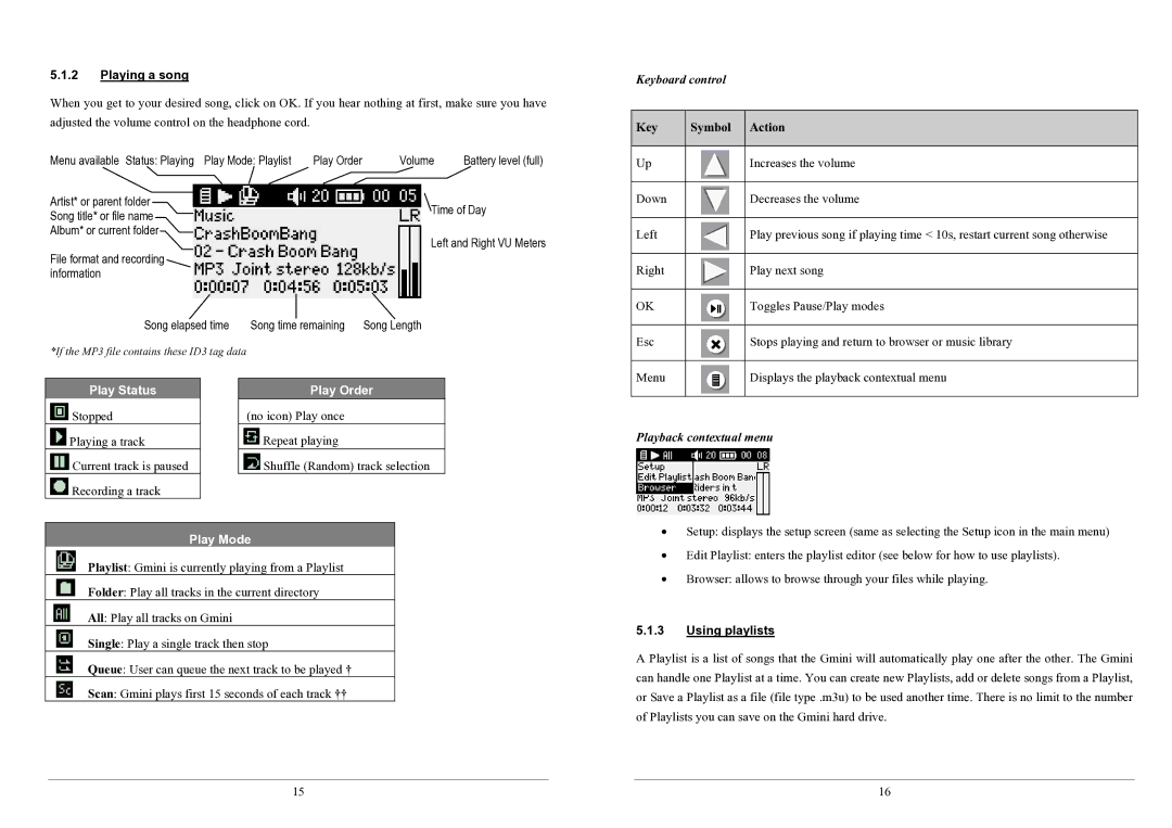 Archos 100 series Playing a song, Keyboard control, Key Symbol Action, Playback contextual menu, Using playlists 