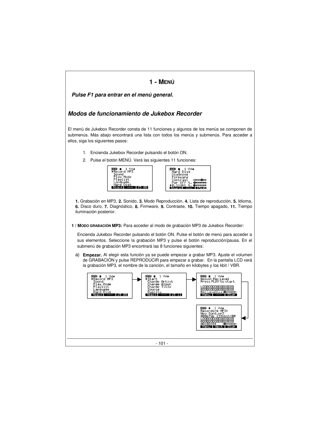 Archos 100628 manual Menú, Pulse F1 para entrar en el menú general 