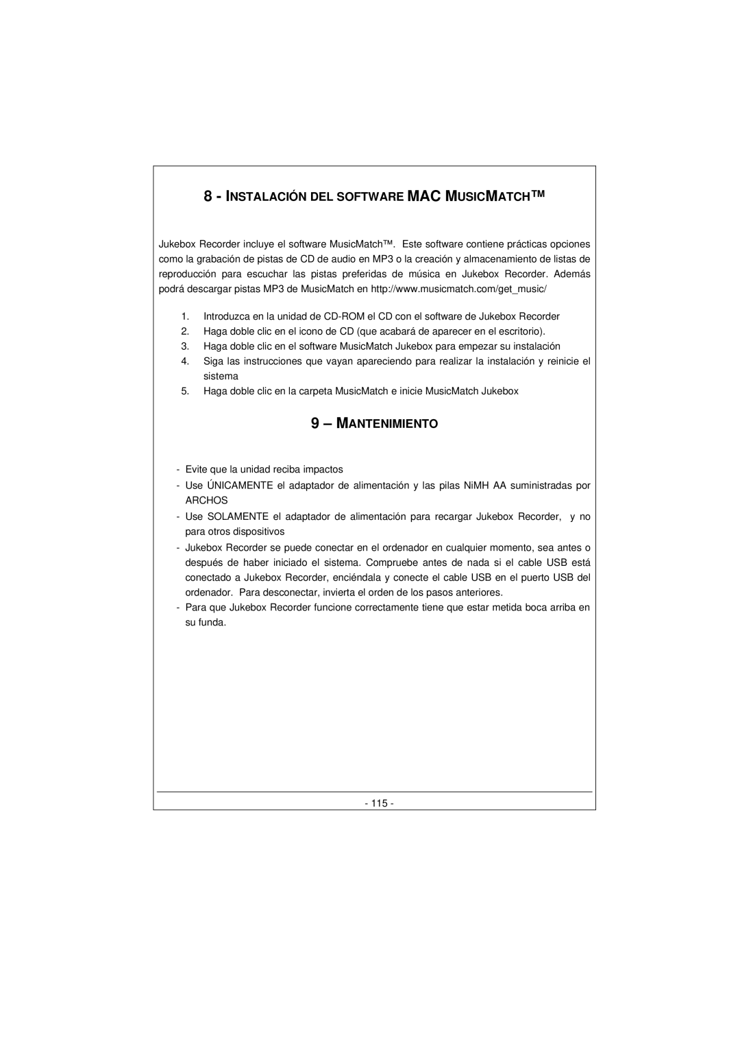 Archos 100628 manual Instalación DEL Software MAC Musicmatch, Mantenimiento 