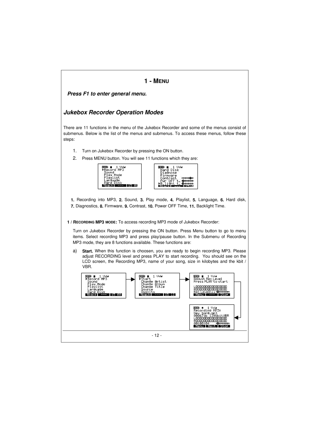 Archos 100628 manual Menu, Press F1 to enter general menu 