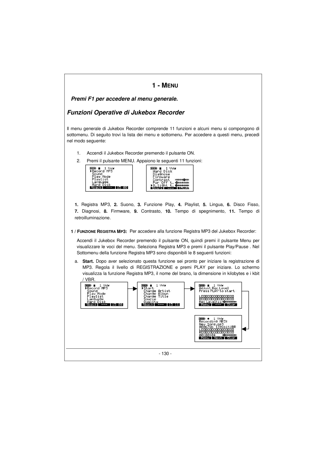 Archos 100628 manual Funzioni Operative di Jukebox Recorder, Premi F1 per accedere al menu generale 