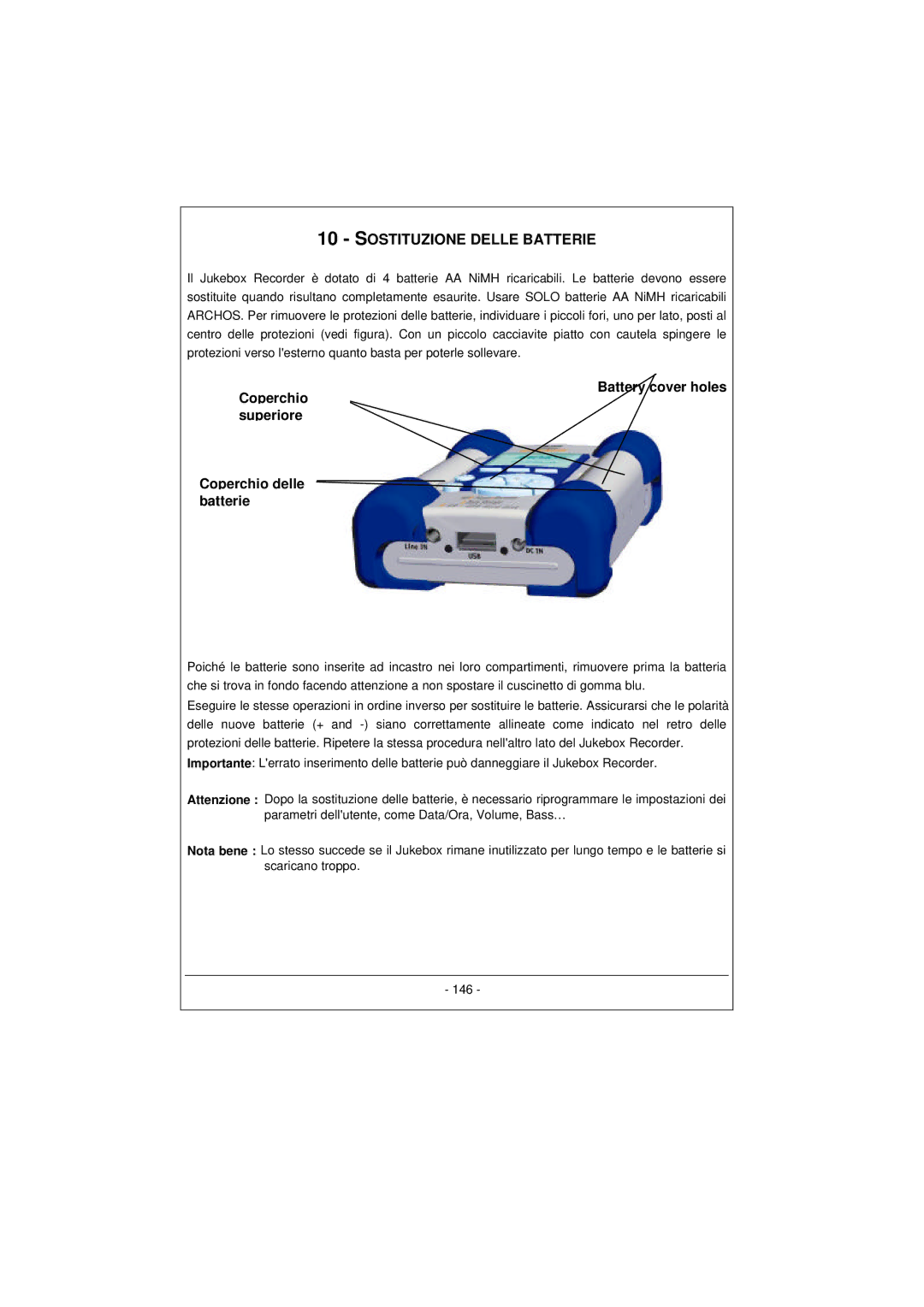 Archos 100628 manual Sostituzione Delle Batterie, Nota bene 