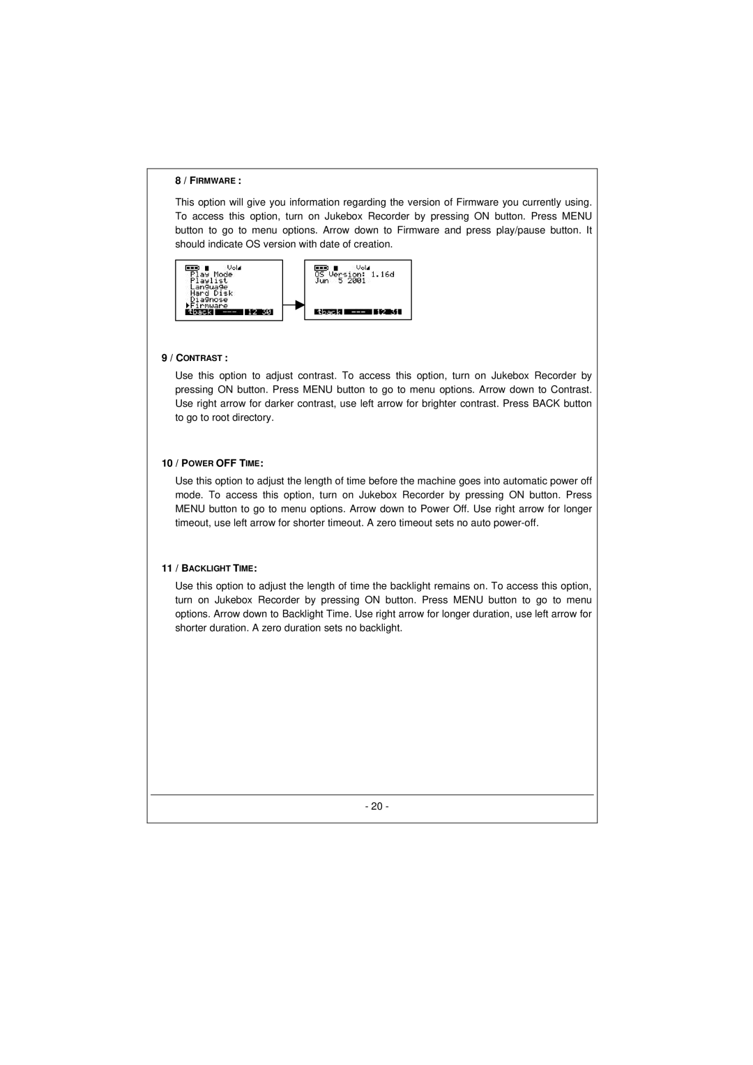 Archos 100628 manual 10 / Power OFF Time 