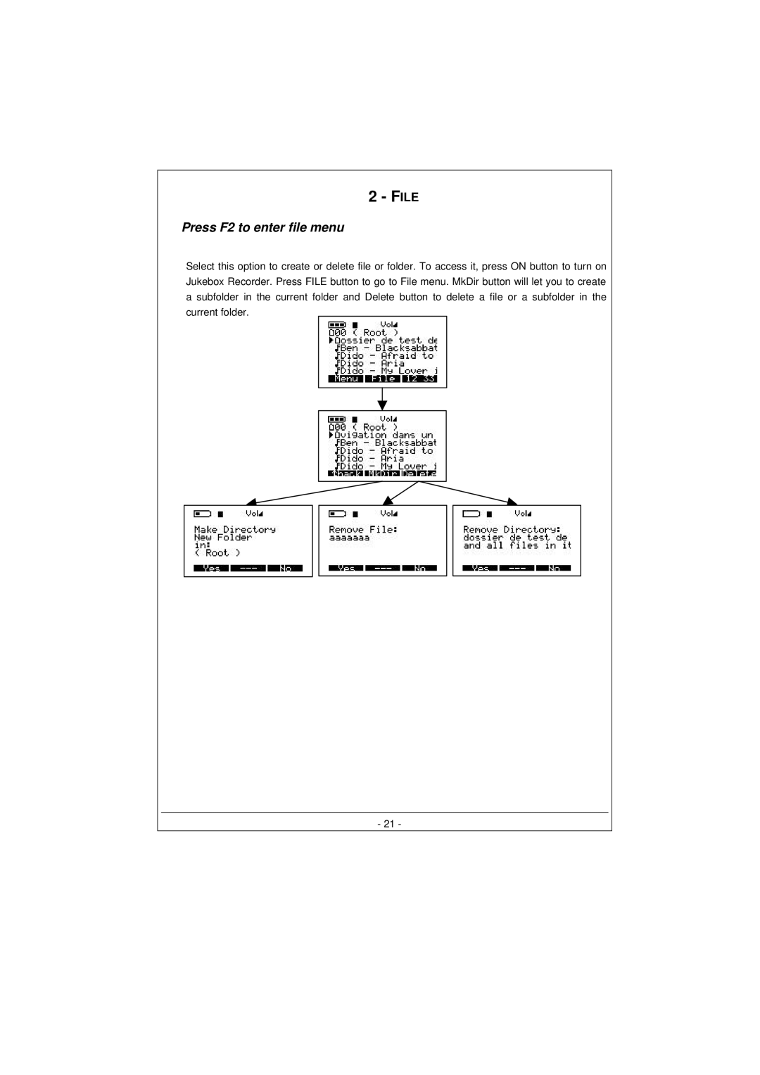 Archos 100628 manual File, Press F2 to enter file menu 