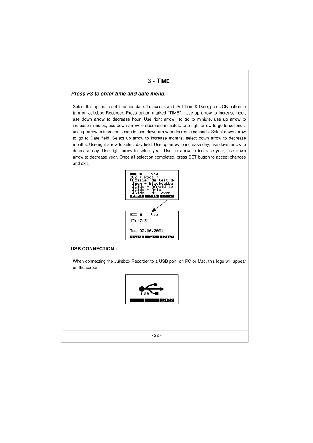 Archos 100628 manual Time, Press F3 to enter time and date menu 