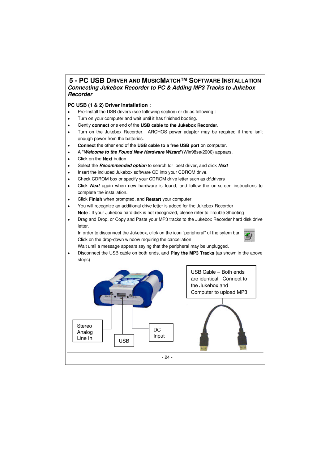 Archos 100628 manual PC USB 1 & 2 Driver Installation, Usb 