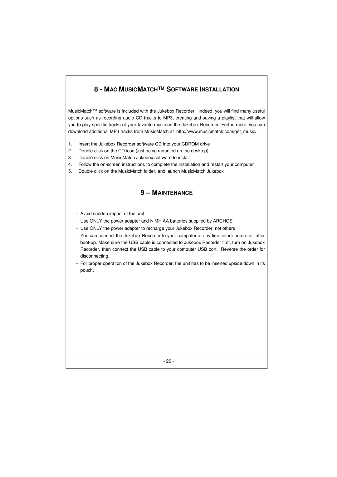 Archos 100628 manual MAC Musicmatch Software Installation, Maintenance 