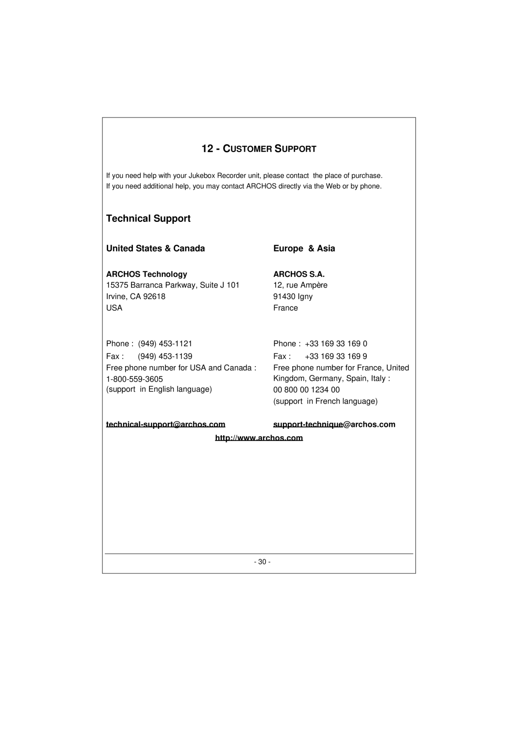 Archos 100628 manual Customer Support, Archos Technology, Technical-support@archos.com Support-technique@archos.com 