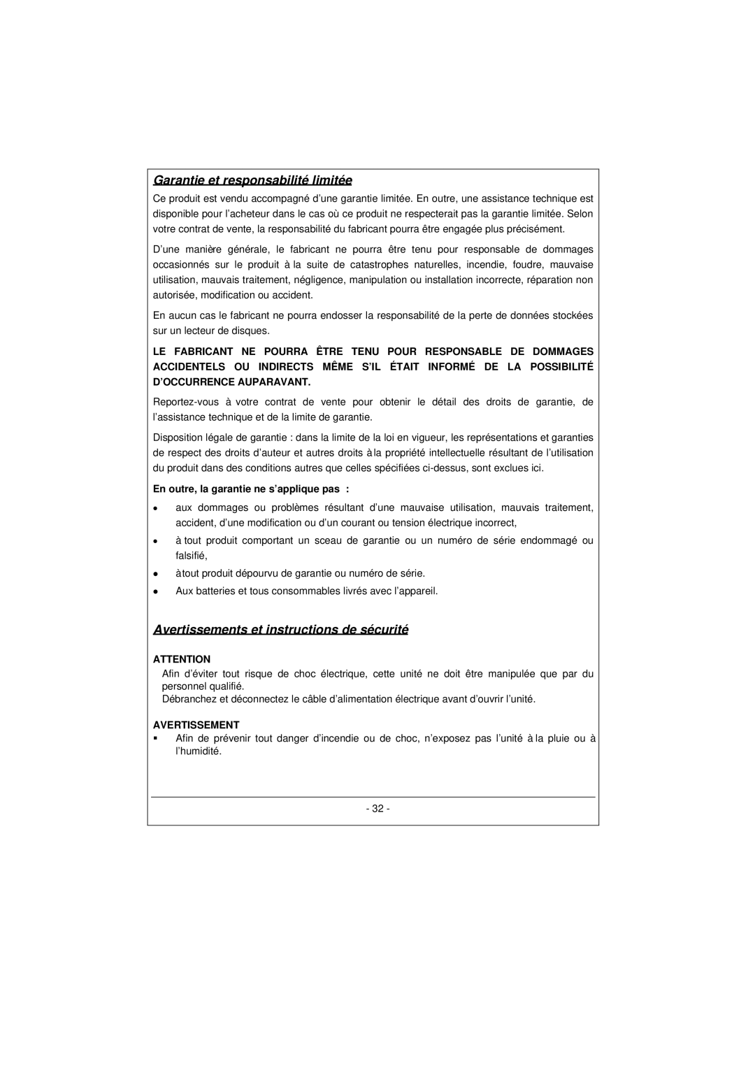 Archos 100628 manual Garantie et responsabilité limitée, Avertissements et instructions de sécurité 