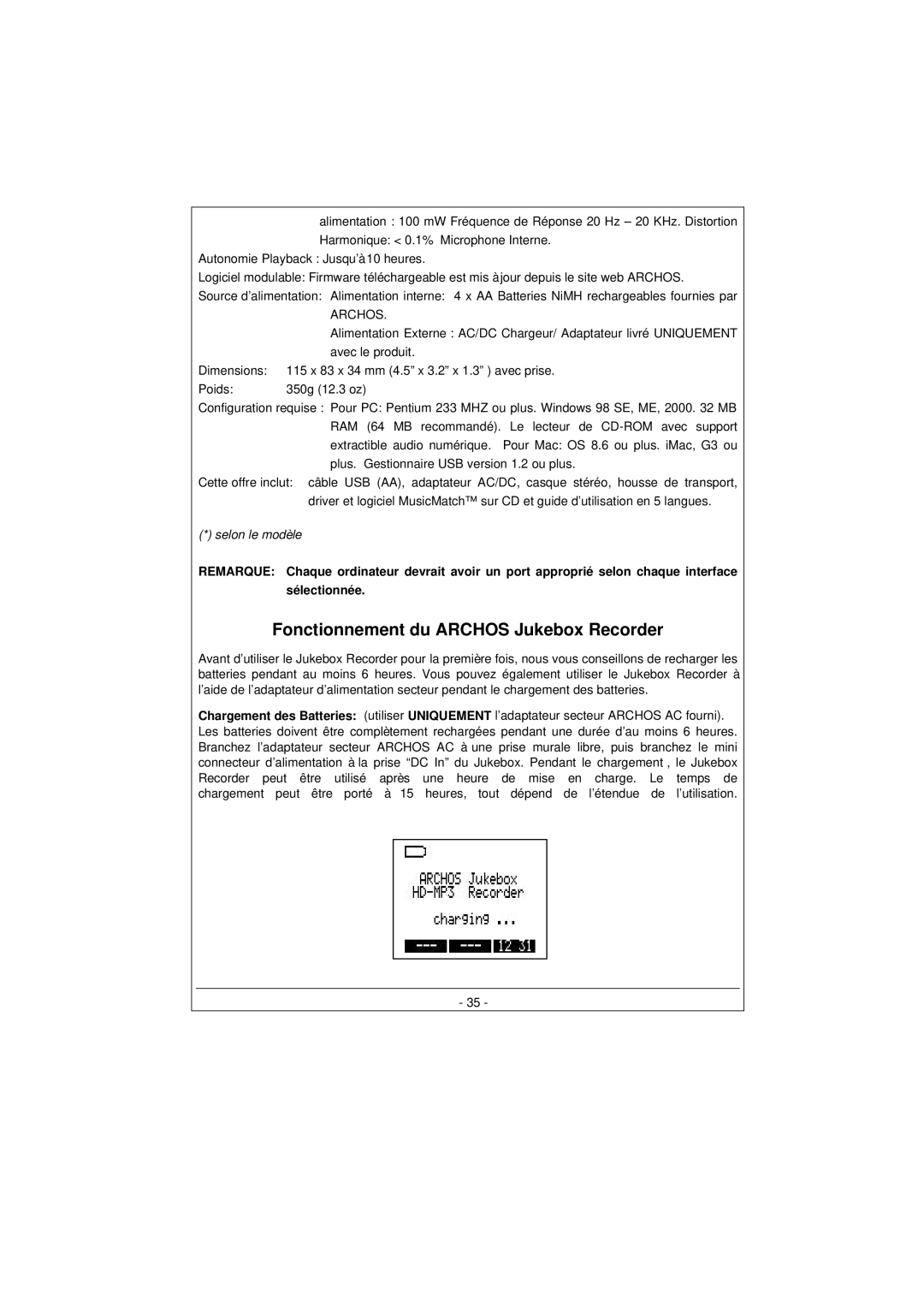 Archos 100628 manual Fonctionnement du Archos Jukebox Recorder 