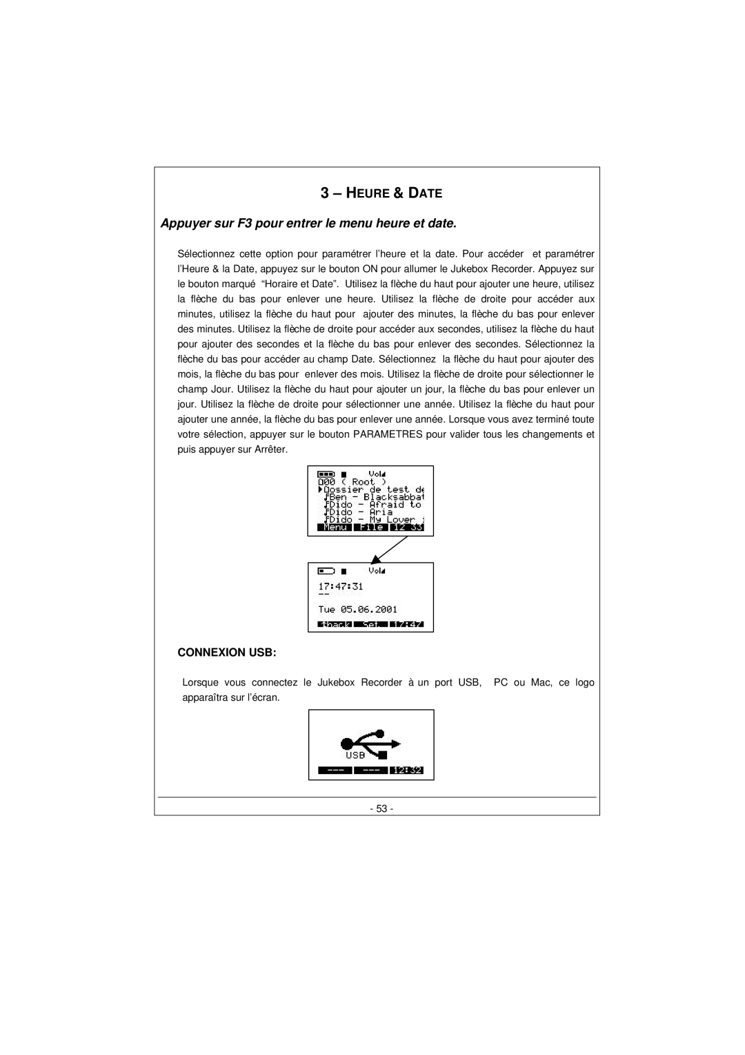 Archos 100628 manual Heure & Date, Appuyer sur F3 pour entrer le menu heure et date 