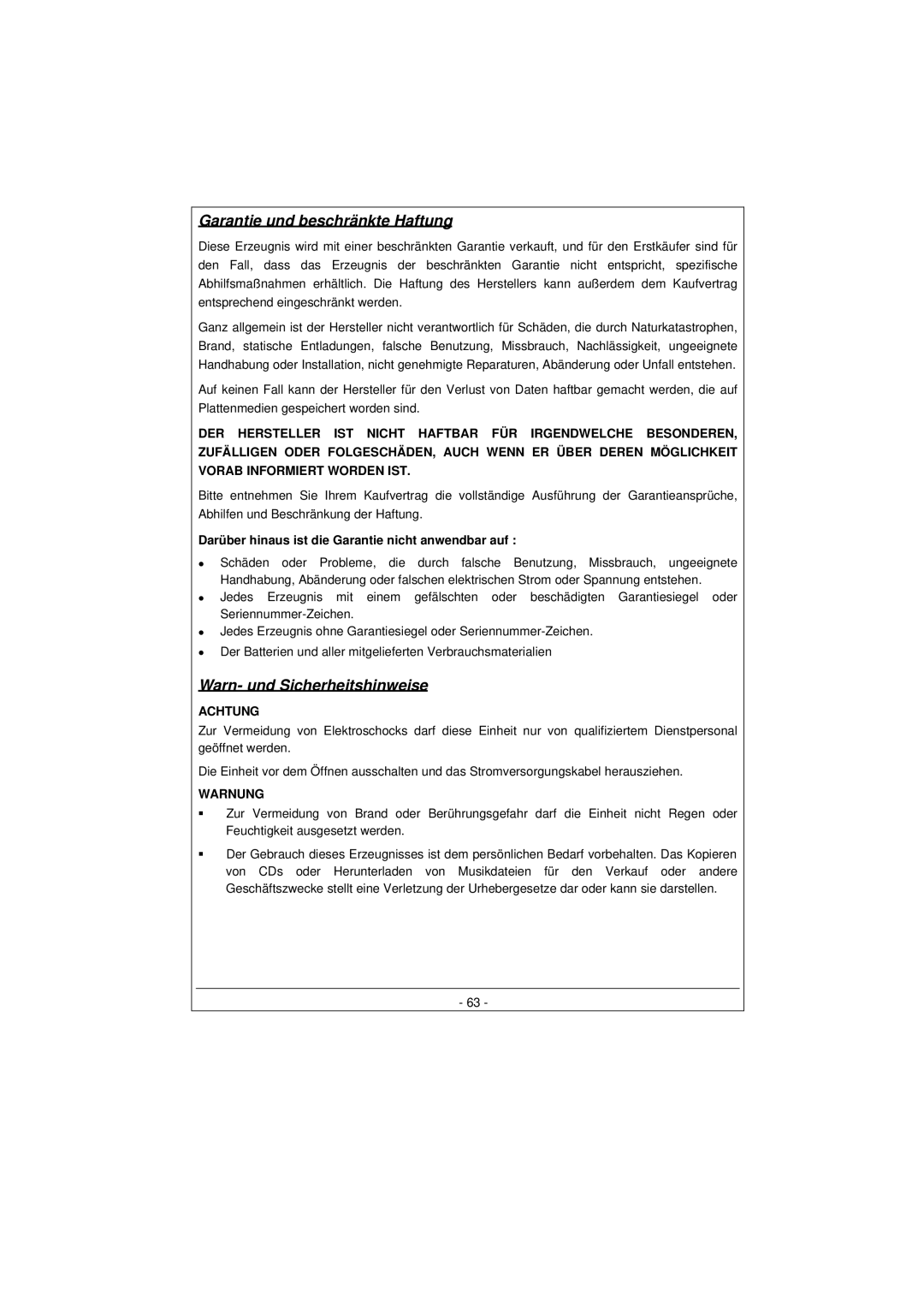 Archos 100628 manual Garantie und beschränkte Haftung, Warn- und Sicherheitshinweise 