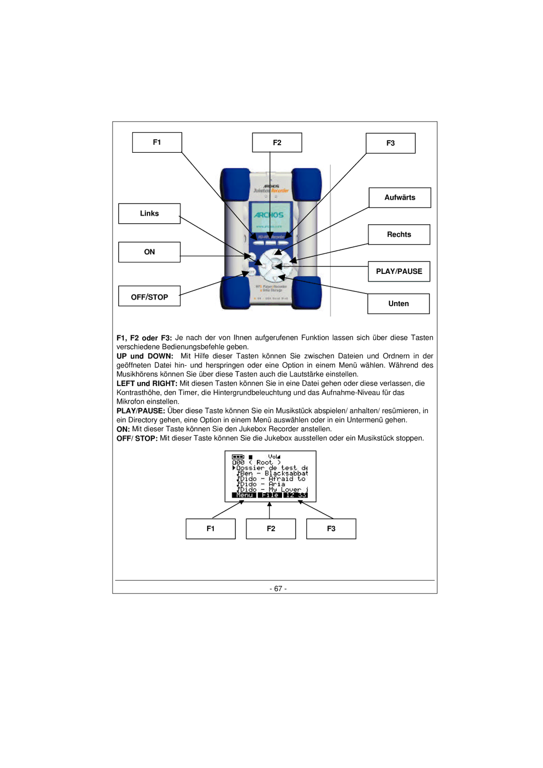 Archos 100628 manual Links, Aufwärts Rechts, Unten 