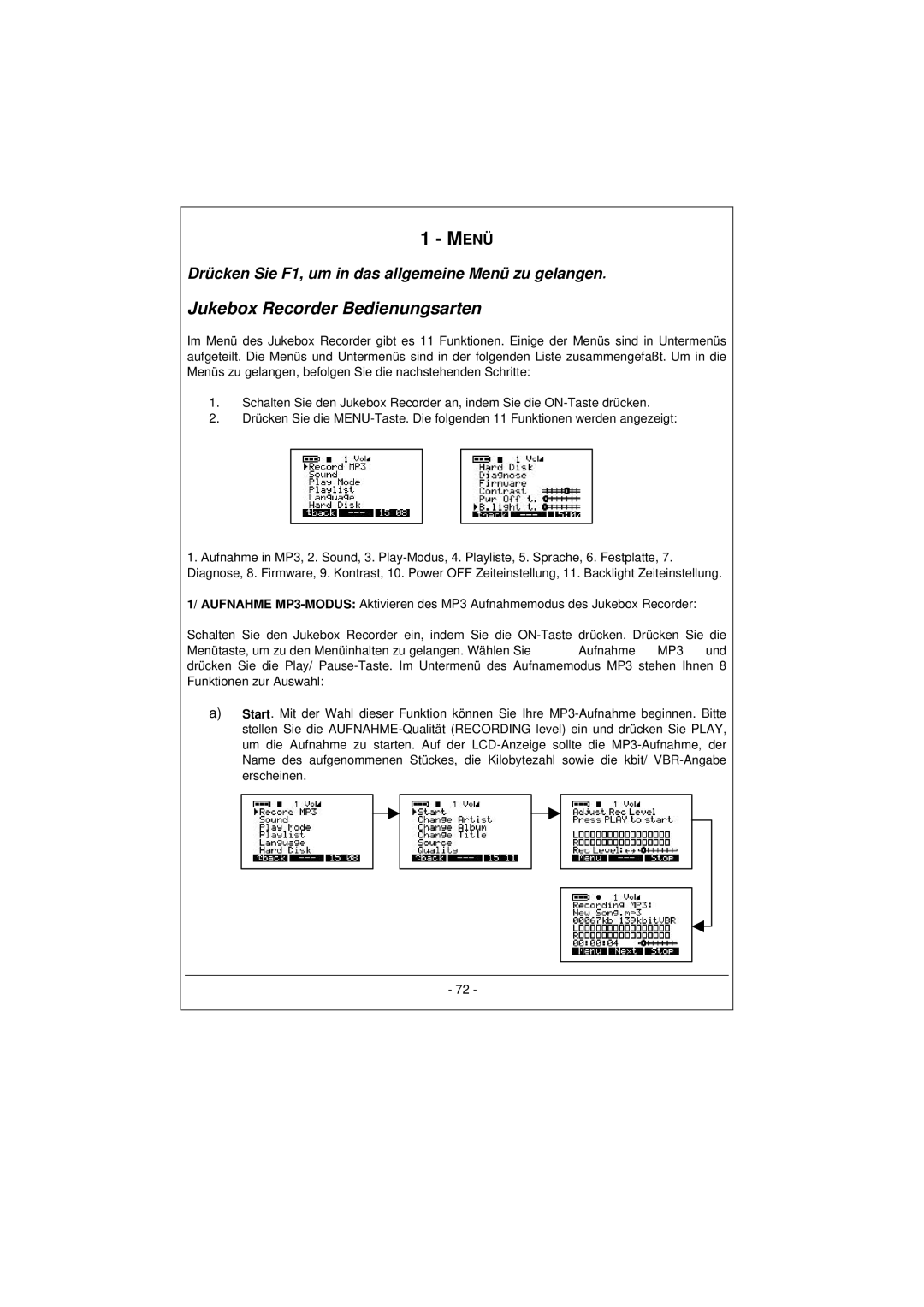 Archos 100628 manual Drücken Sie F1, um in das allgemeine Menü zu gelangen 