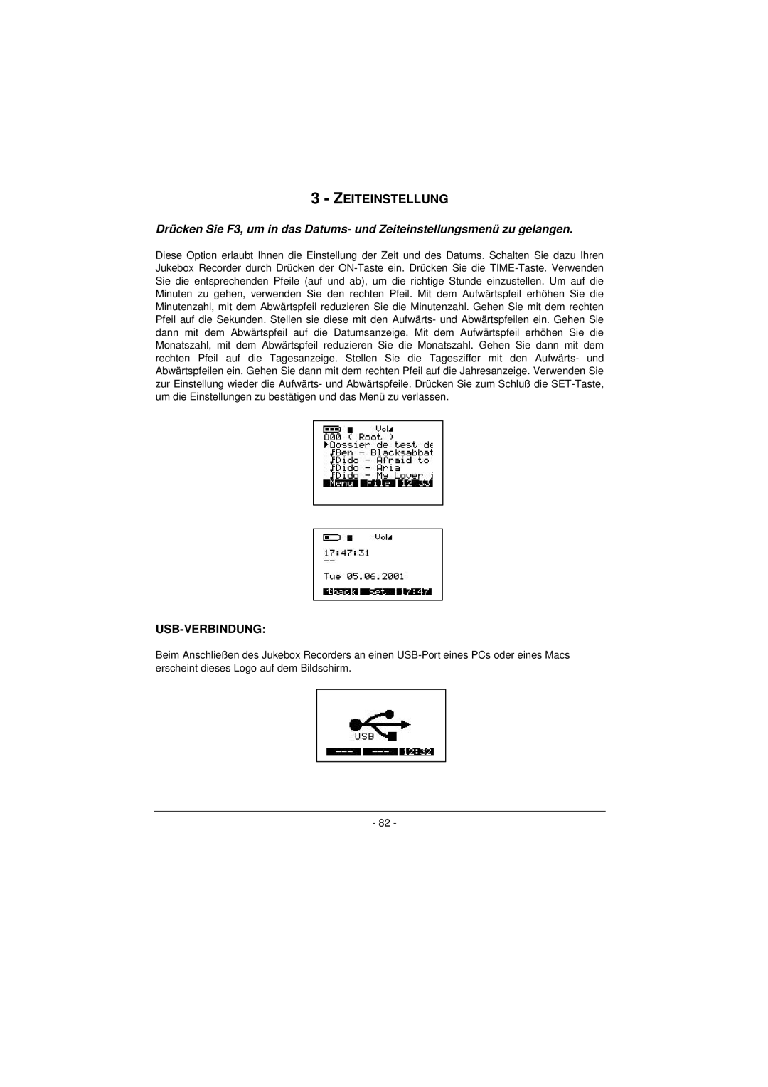 Archos 100628 manual Zeiteinstellung, Usb-Verbindung 