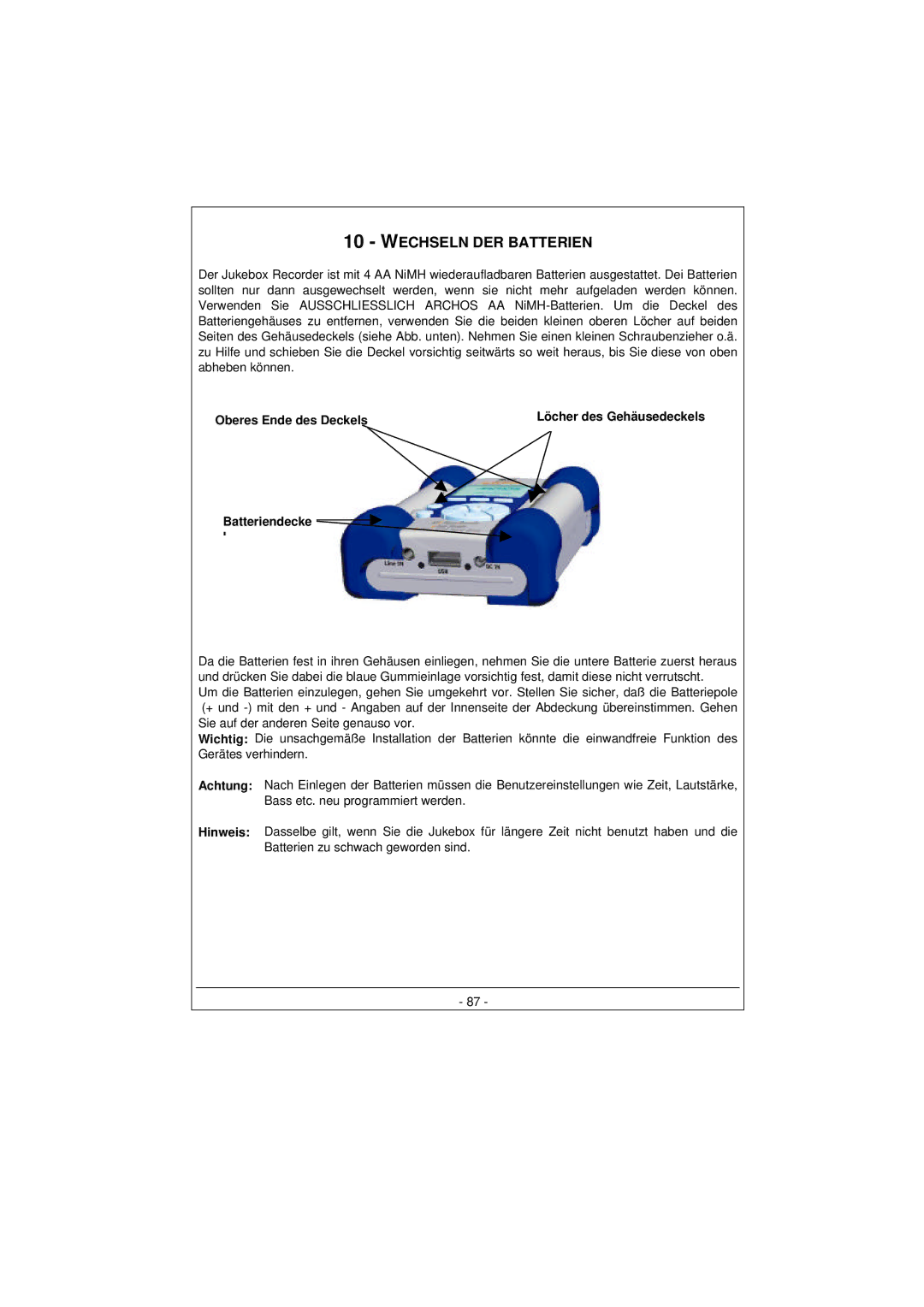 Archos 100628 manual Wechseln DER Batterien, Oberes Ende des Deckels, Batteriendecke l, Achtung Hinweis 