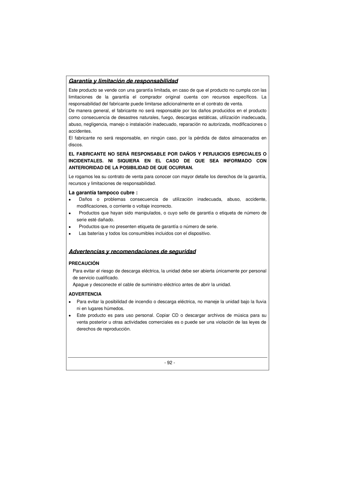 Archos 100628 manual Garantía y limitación de responsabilidad, Advertencias y recomendaciones de seguridad 