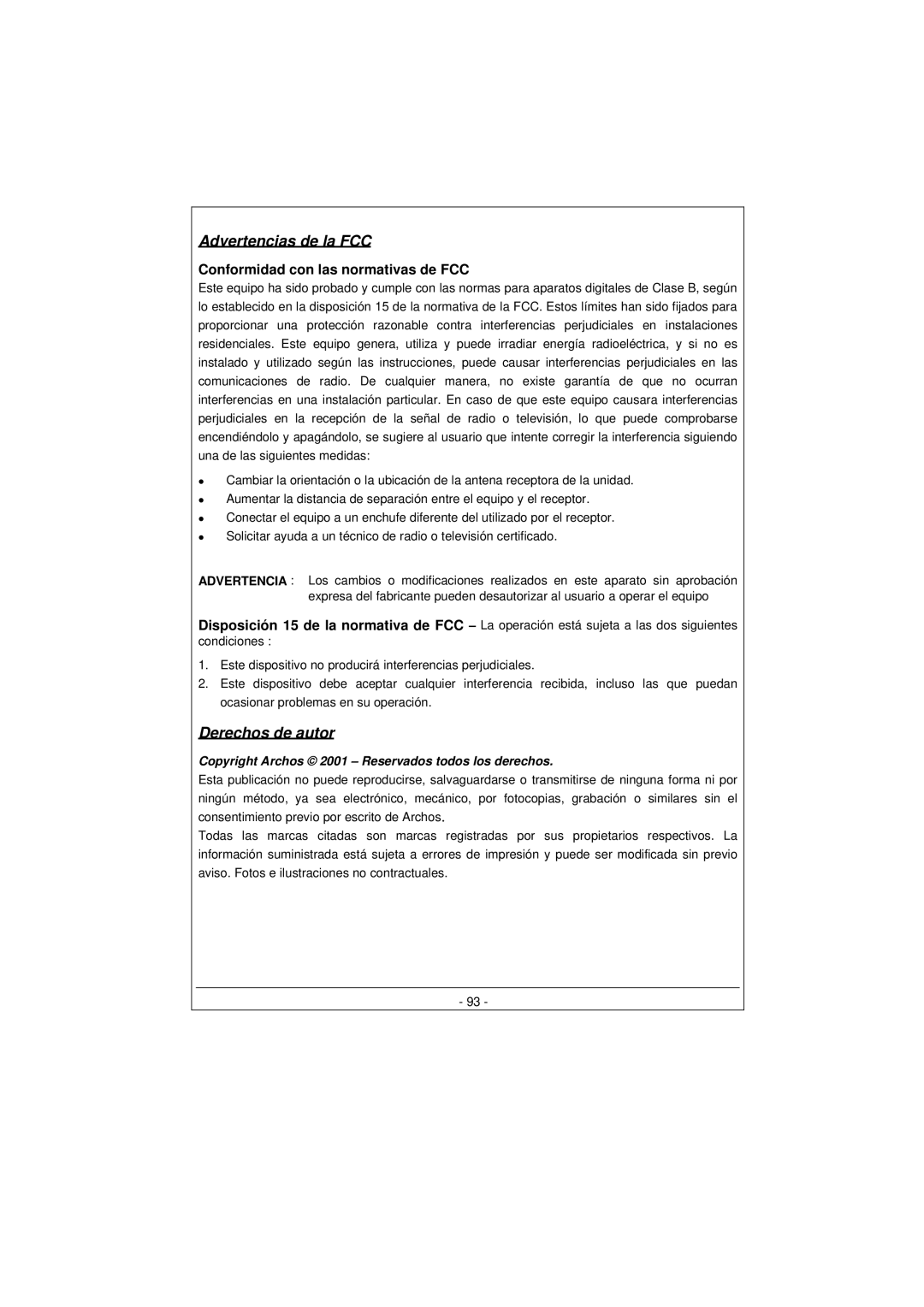 Archos 100628 manual Advertencias de la FCC, Derechos de autor, Conformidad con las normativas de FCC 