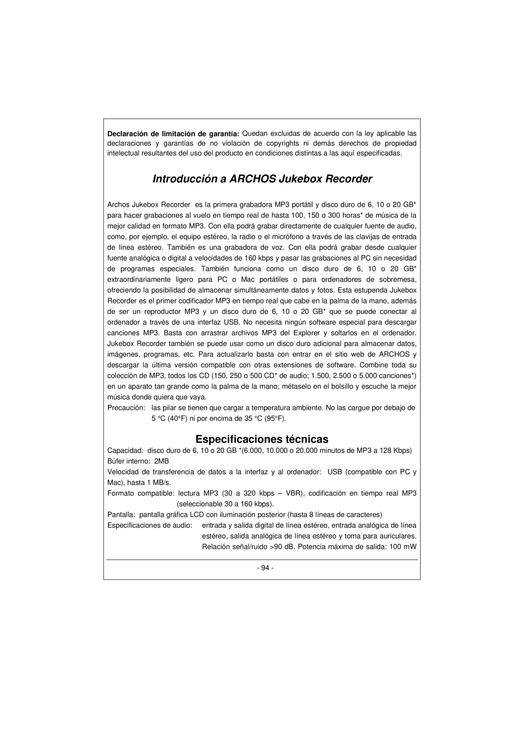 Archos 100628 manual Introducción a Archos Jukebox Recorder, Especificaciones técnicas 