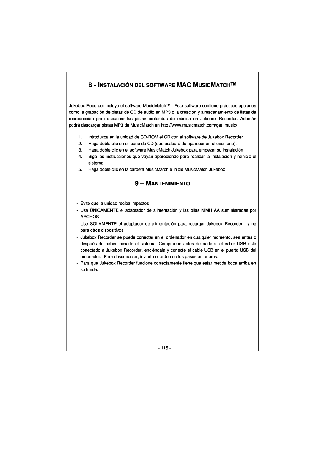Archos 100628 manual Instalación Del Software Mac Musicmatch, 9 – MANTENIMIENTO 