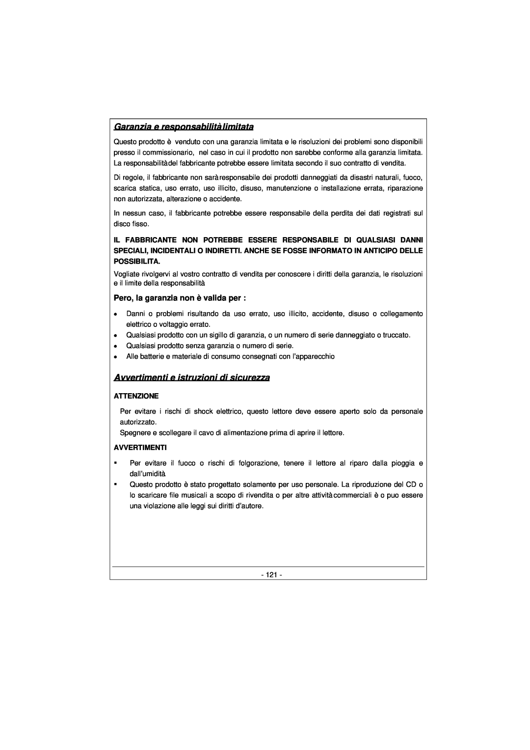Archos 100628 manual Garanzia e responsabilità limitata, Avvertimenti e istruzioni di sicurezza 