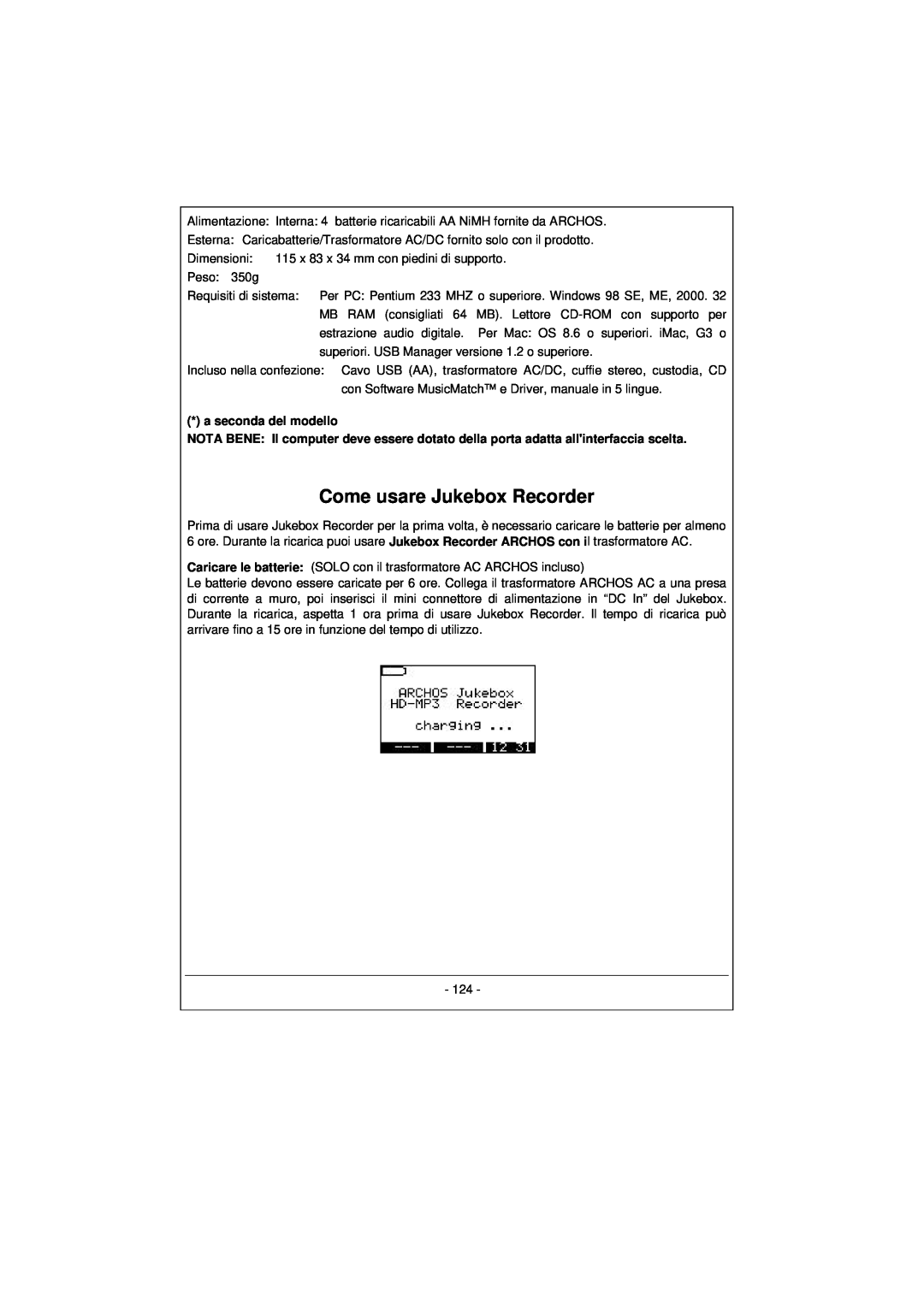 Archos 100628 manual Come usare Jukebox Recorder, a seconda del modello 