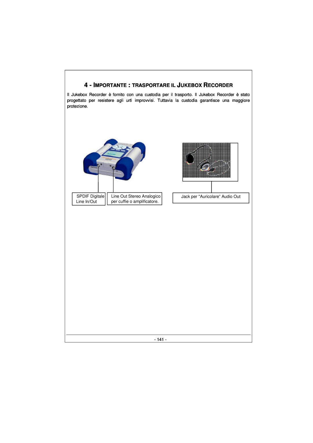 Archos 100628 manual Importante Trasportare Il Jukebox Recorder, SPDIF Digitale Line In/Out, Jack per Auricolare” Audio Out 