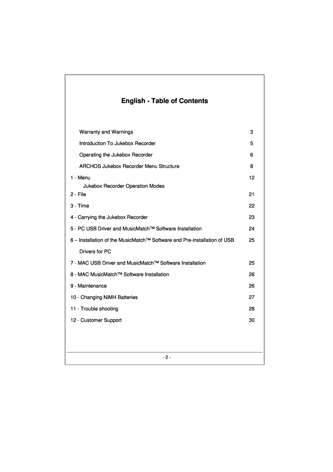 Archos 100628 manual English - Table of Contents 