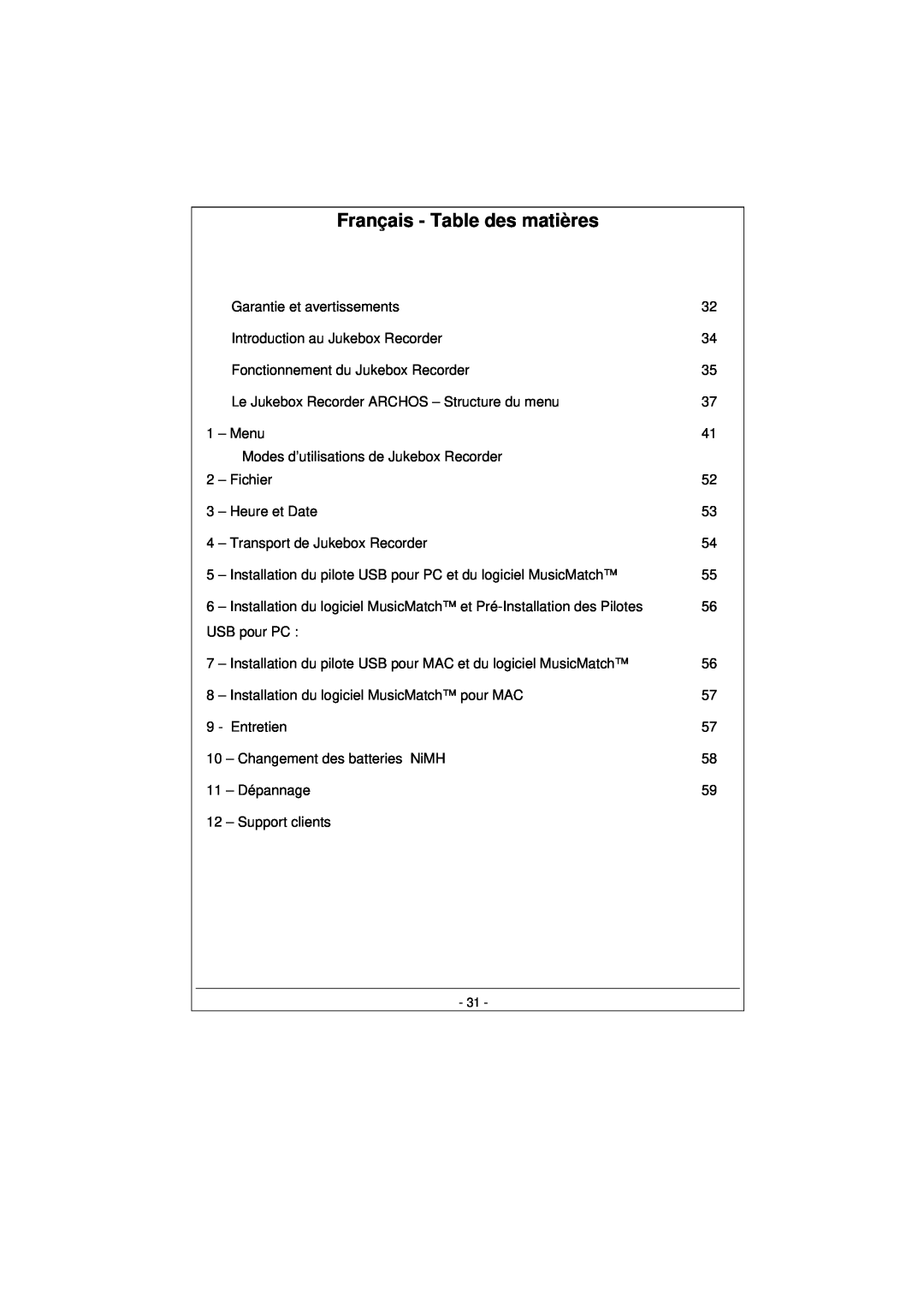 Archos 100628 manual Français - Table des matières 