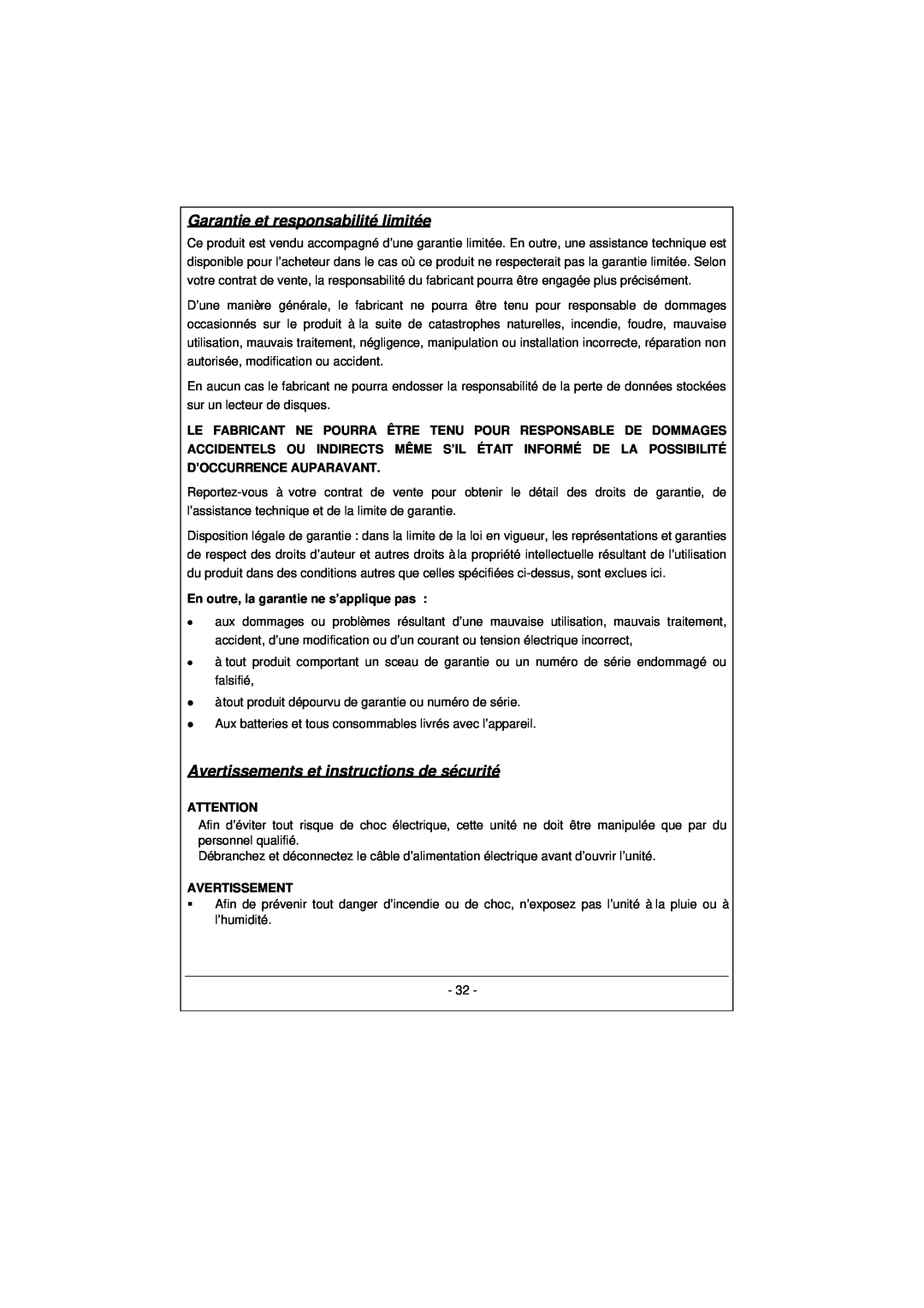 Archos 100628 manual Garantie et responsabilité limitée, Avertissements et instructions de sécurité 