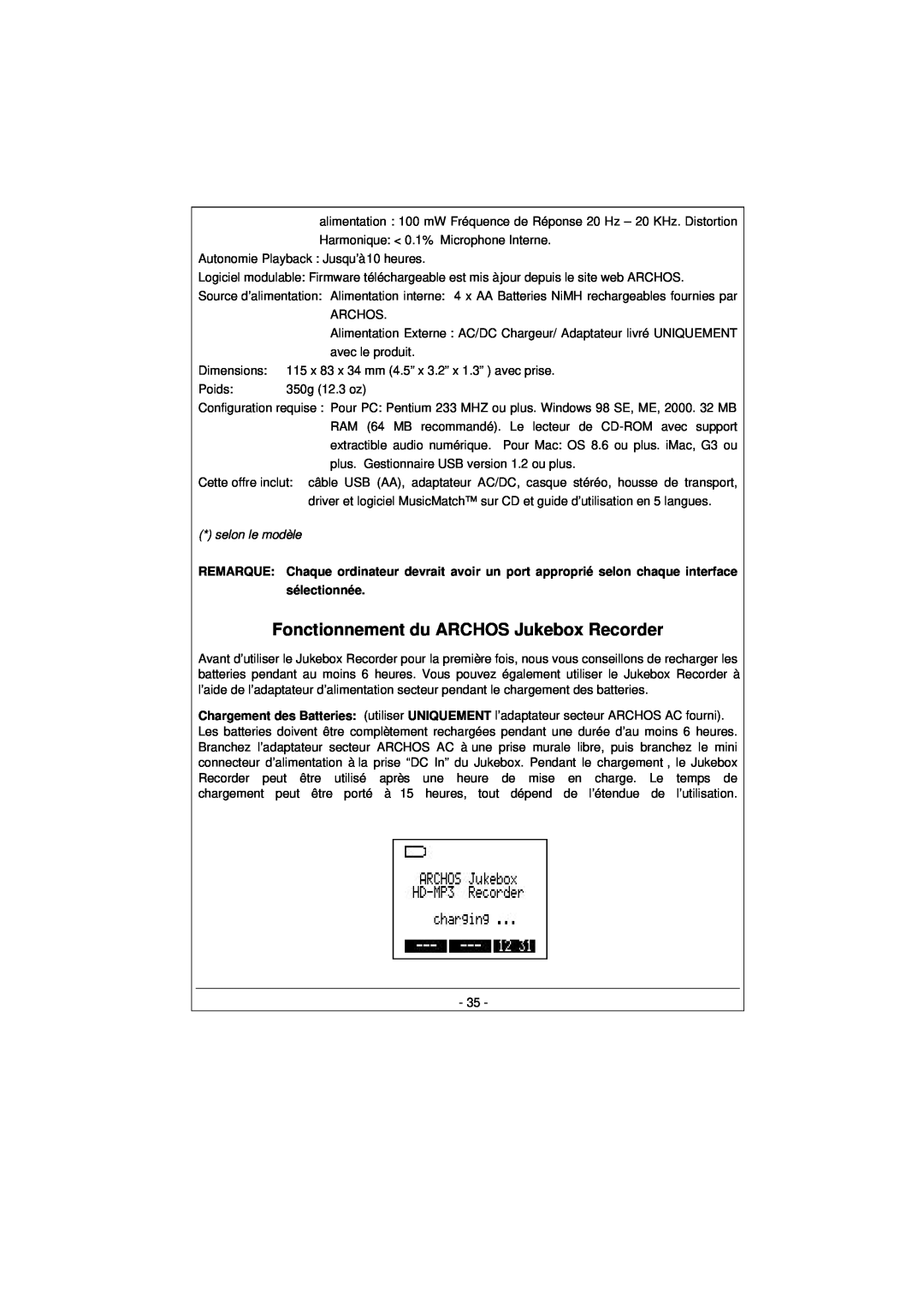 Archos 100628 manual Fonctionnement du ARCHOS Jukebox Recorder, sélectionnée 