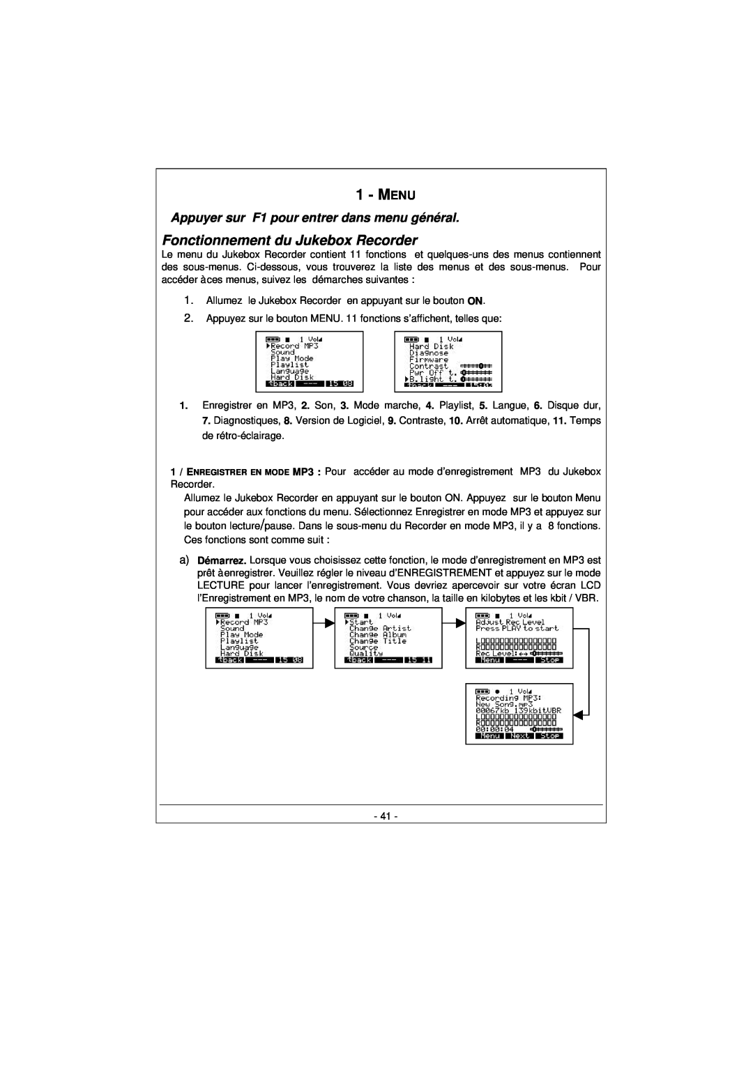 Archos 100628 manual Fonctionnement du Jukebox Recorder, Appuyer sur F1 pour entrer dans menu général, Menu 