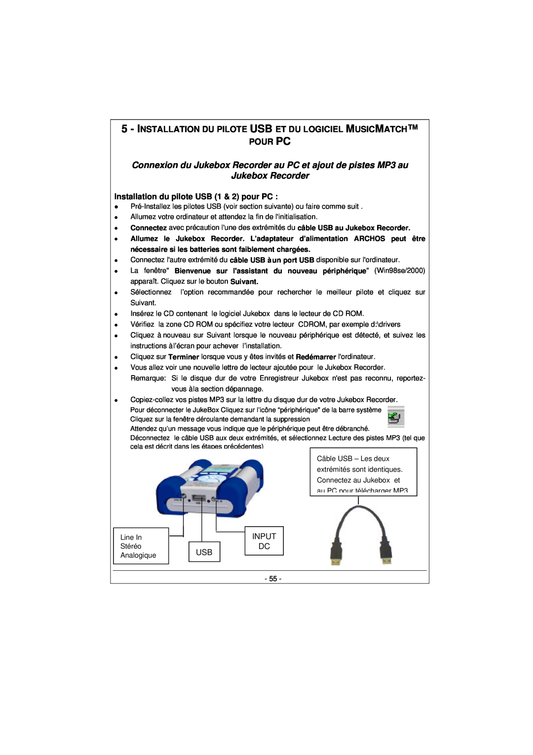 Archos 100628 manual Jukebox Recorder, Installation du pilote USB 1 & 2 pour PC 