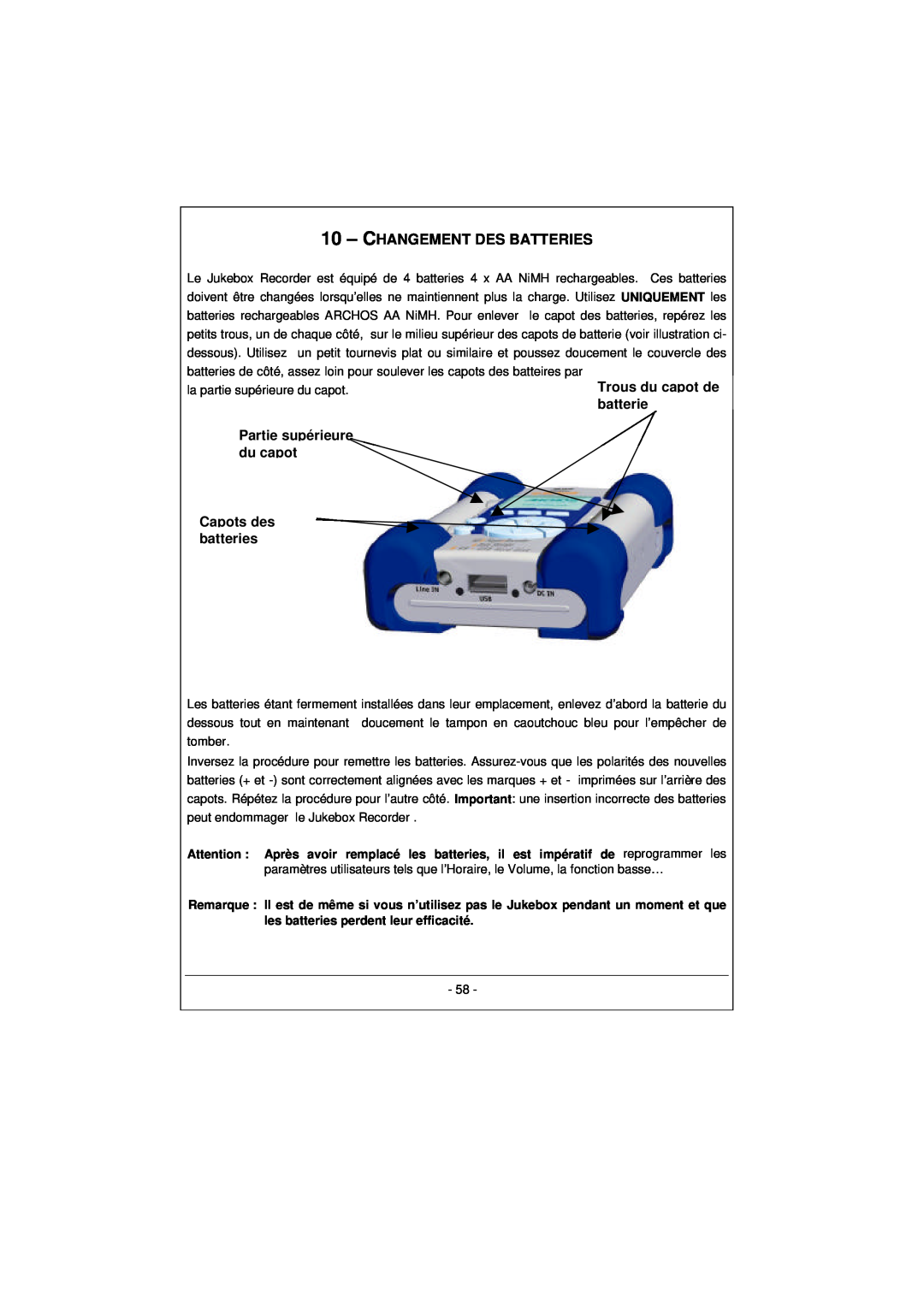 Archos 100628 manual 10 – CHANGEMENT DES BATTERIES, Partie supérieure du capot Capots des batteries 