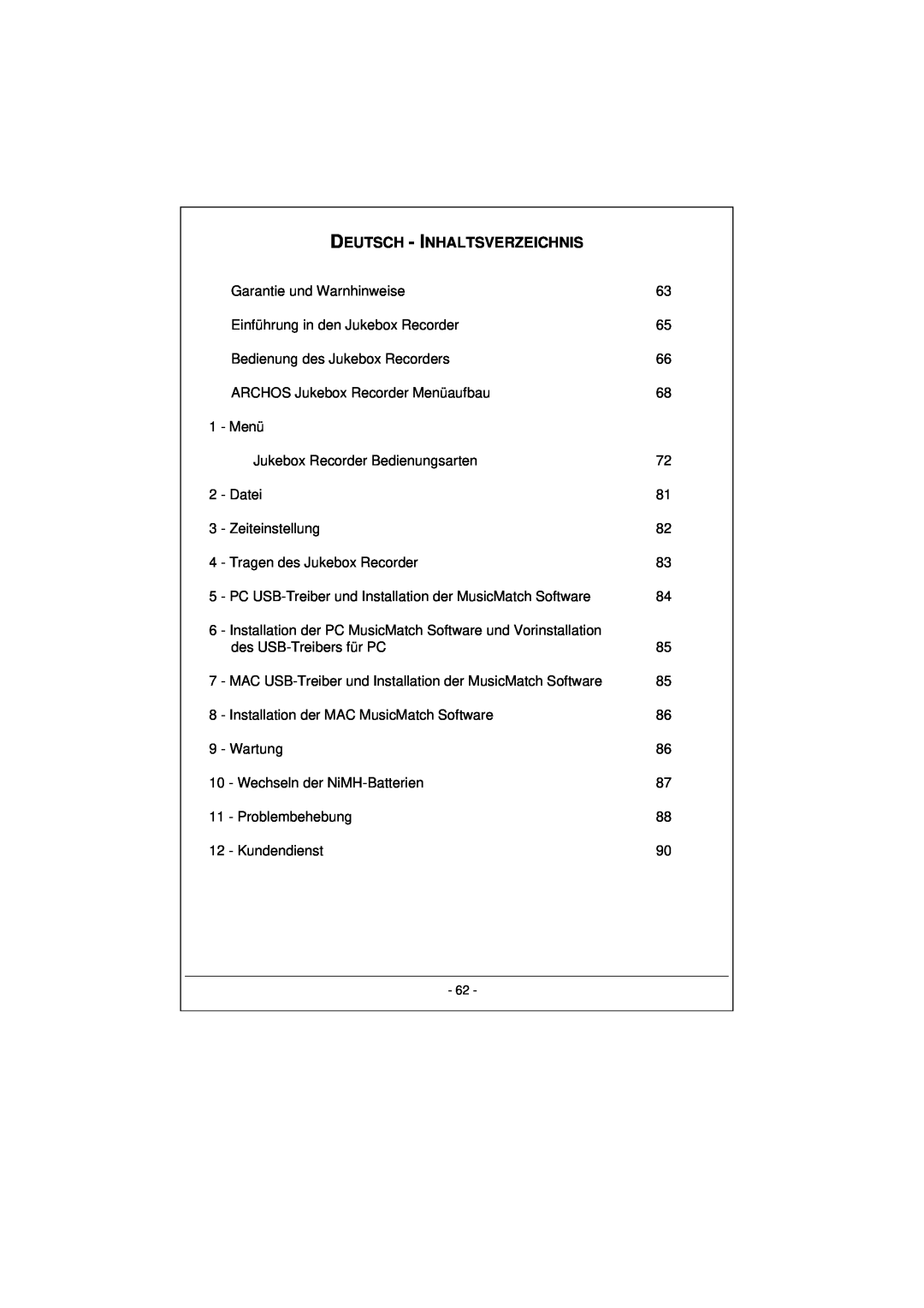 Archos 100628 manual Deutsch - Inhaltsverzeichnis 