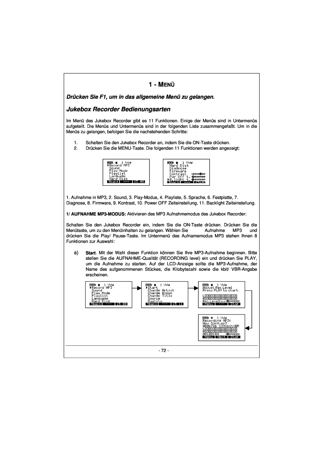 Archos 100628 manual Menü, Jukebox Recorder Bedienungsarten 