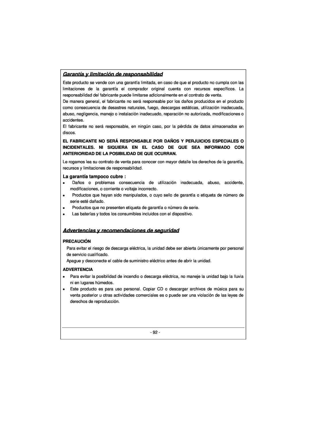 Archos 100628 manual Garantía y limitación de responsabilidad, Advertencias y recomendaciones de seguridad 