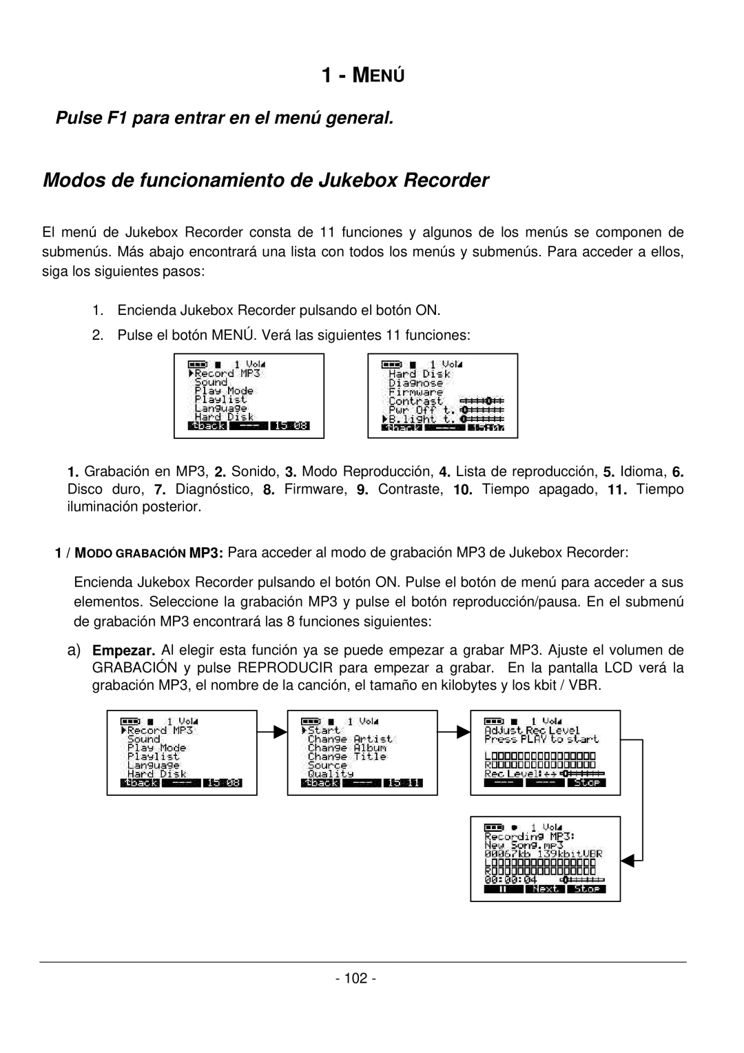 Archos 101 420V40 manual Menú, Modos de funcionamiento de Jukebox Recorder 