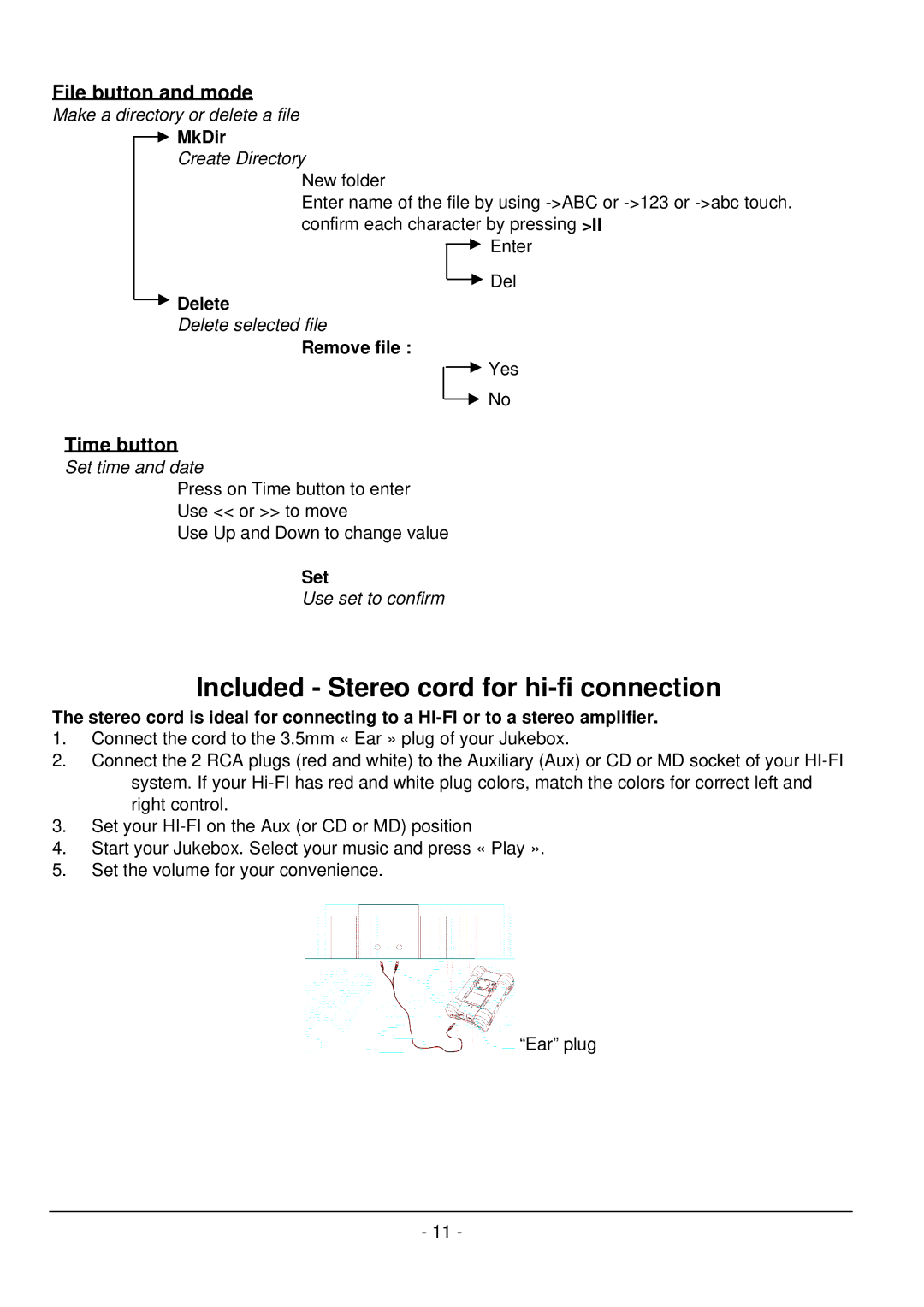 Archos 101 420V40 manual Included Stereo cord for hi-fi connection, File button and mode, Time button 