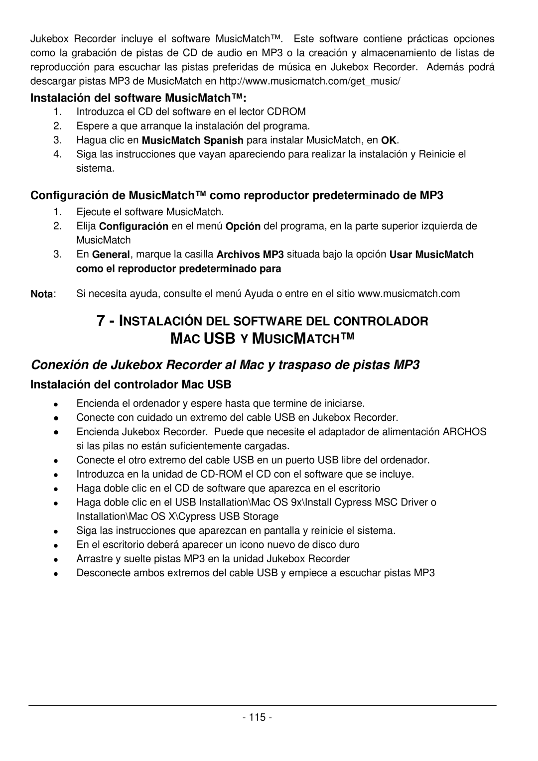 Archos 101 420V40 manual Instalación del software MusicMatch, Instalación del controlador Mac USB 