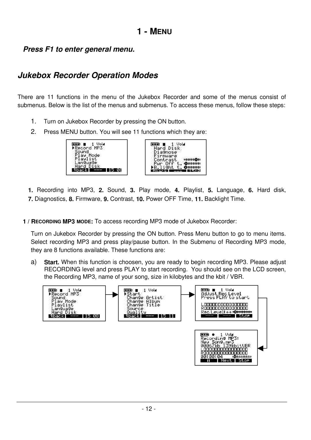 Archos 101 420V40 manual Menu, Jukebox Recorder Operation Modes 