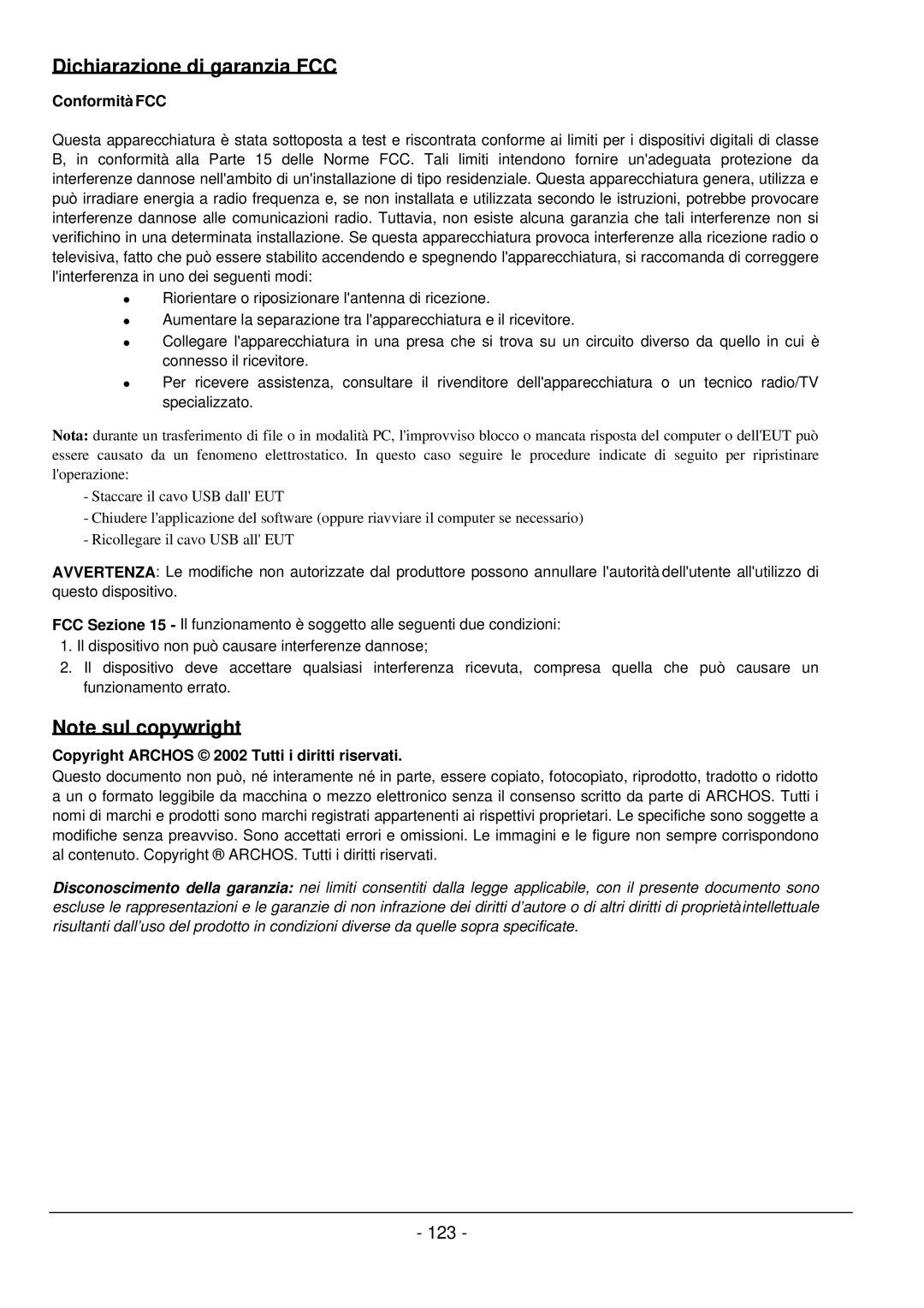 Archos 101 420V40 manual Dichiarazione di garanzia FCC, Conformità FCC 