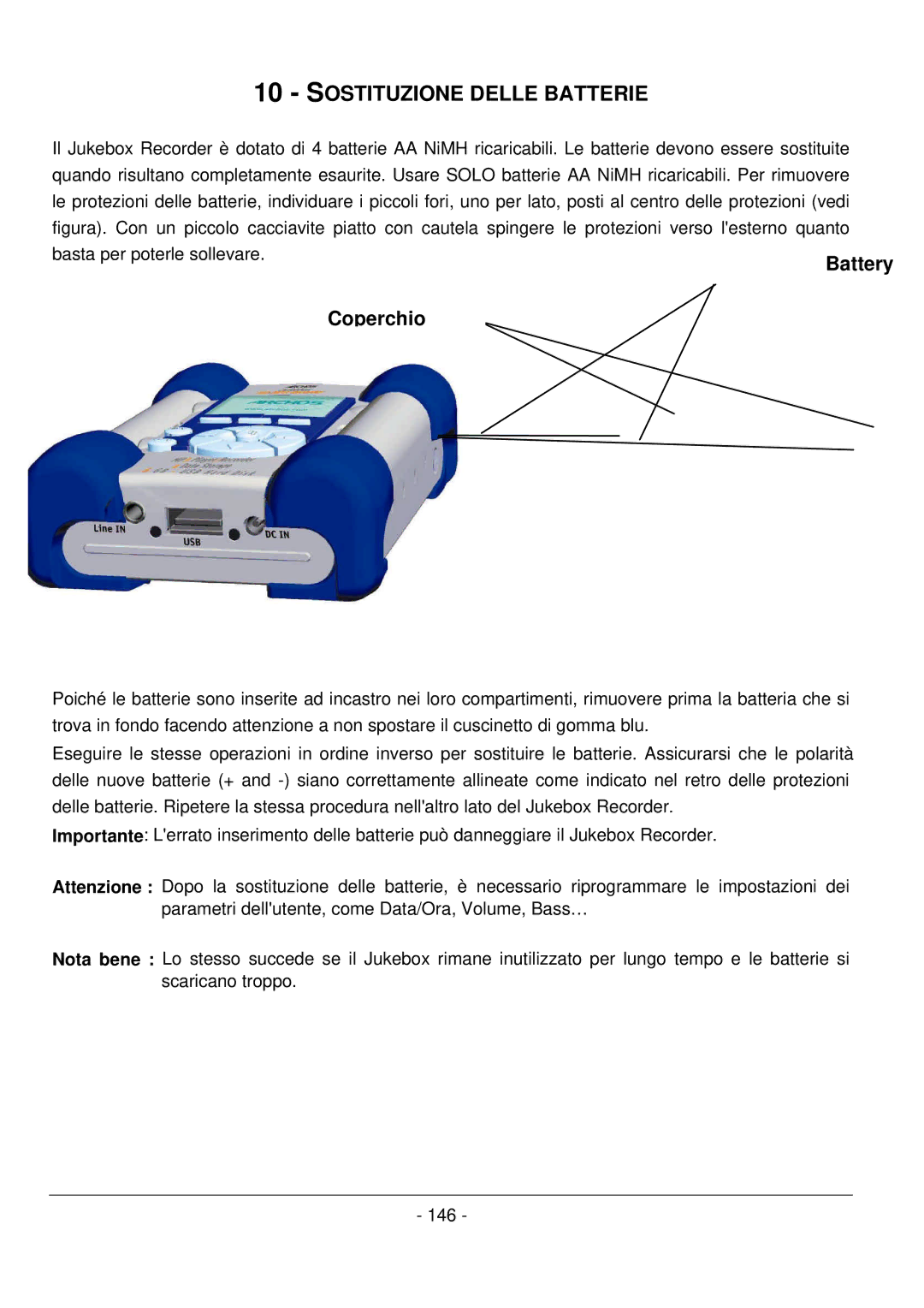 Archos 101 420V40 manual Sostituzione Delle Batterie, Battery, Coperchio superiore Coperchio delle batterie 