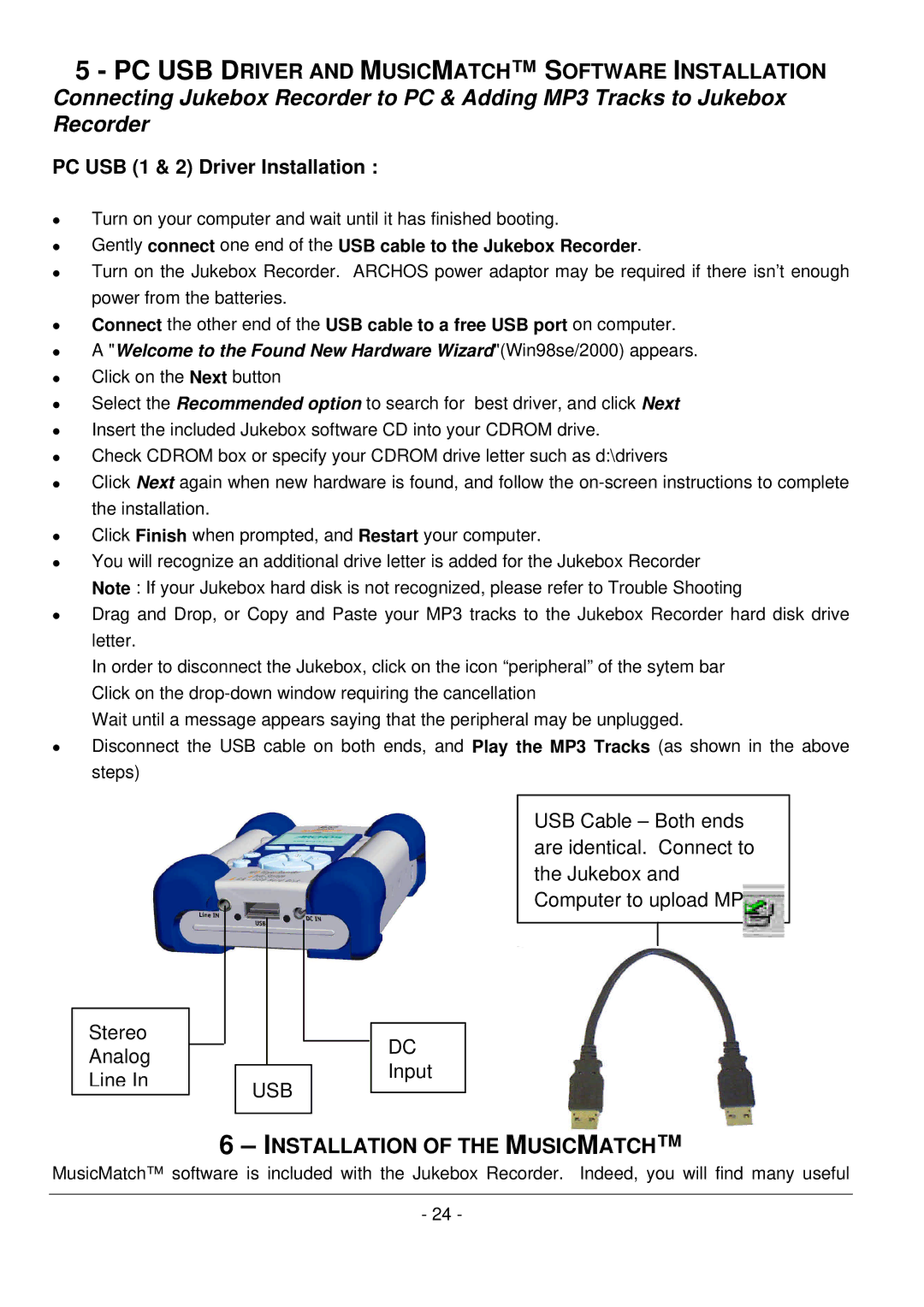 Archos 101 420V40 manual PC USB Driver and Musicmatch Software Installation, Installation of the Musicmatch 