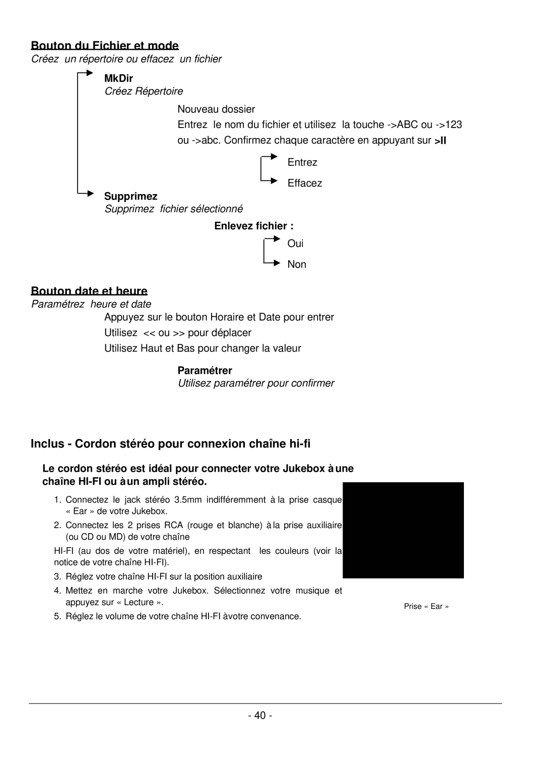 Archos 101 420V40 manual Bouton du Fichier et mode, Bouton date et heure, Inclus Cordon stéréo pour connexion chaîne hi-fi 