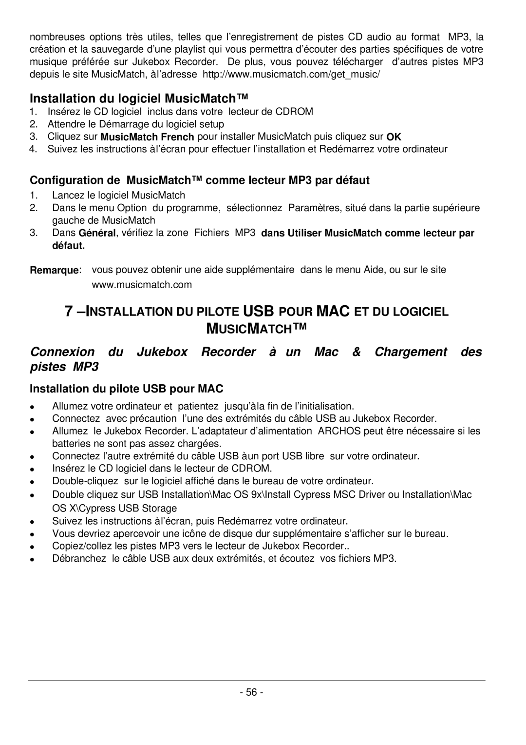 Archos 101 420V40 manual Configuration de MusicMatch comme lecteur MP3 par défaut, Installation du pilote USB pour MAC 